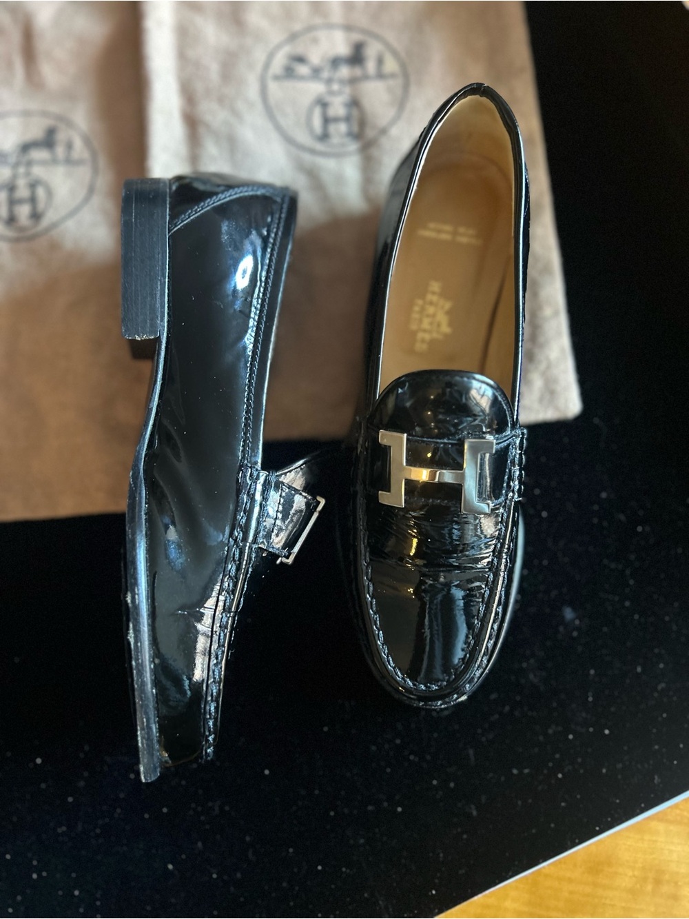 Hermes Women’s Black Patent Leather Loafers with Silver H buckle - Picture 3 of 5